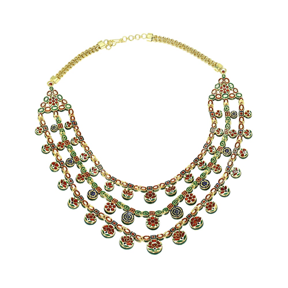 Layered Polki Necklace Set with Red Enamel and Circular Motifs